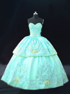 Fine Embroidery Sweet 16 Dress Aqua Blue Lace Up Sleeveless Floor Length
