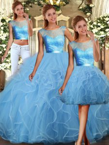 Sleeveless Tulle Floor Length Backless Ball Gown Prom Dress in Baby Blue with Lace and Ruffles