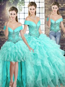 Chic Sleeveless Organza Brush Train Lace Up Sweet 16 Dresses in Aqua Blue with Beading and Ruffles