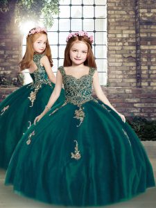 Sleeveless Tulle Floor Length Lace Up Child Pageant Dress in Peacock Green with Appliques