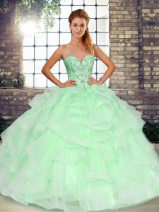 Fashion Tulle Sweetheart Sleeveless Lace Up Beading and Ruffles Quinceanera Dresses in Apple Green