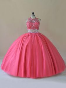 Sweet Coral Red Tulle Backless Halter Top Sleeveless Floor Length Quinceanera Dress Beading