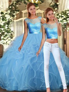 Ideal Baby Blue Scoop Neckline Lace and Ruffles Sweet 16 Quinceanera Dress Sleeveless Backless