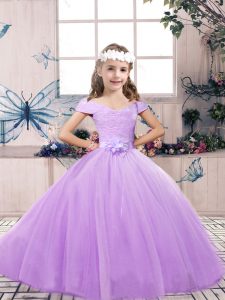 Unique Lavender Ball Gowns Belt Kids Formal Wear Lace Up Tulle Sleeveless Floor Length