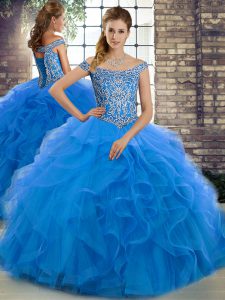 Custom Design Tulle Off The Shoulder Sleeveless Brush Train Lace Up Beading and Ruffles Quinceanera Gown in Blue