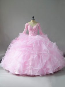 Super Ball Gowns Vestidos de Quinceanera Pink V-neck Tulle Long Sleeves Floor Length Lace Up