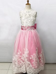 Tulle Scoop Sleeveless Lace Up Beading and Lace and Bowknot Toddler Flower Girl Dress in Pink And White