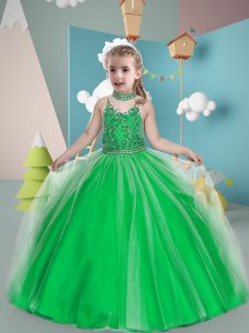 Hot Sale Green Sleeveless Floor Length Beading Zipper Kids Pageant Dress