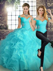 Perfect Aqua Blue Sleeveless Organza Lace Up Ball Gown Prom Dress for Military Ball and Sweet 16 and Quinceanera