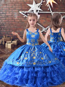 Charming Royal Blue Ball Gowns Straps Sleeveless Satin and Organza Floor Length Lace Up Embroidery and Ruffled Layers Pa