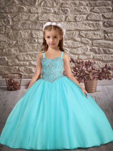 Sleeveless Tulle Sweep Train Lace Up Little Girls Pageant Gowns in Aqua Blue with Beading