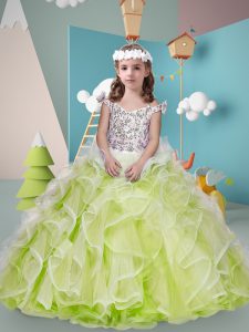 Floor Length Yellow Green Pageant Dress for Teens Tulle Sleeveless Beading and Ruffles