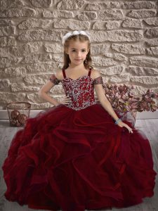 Wine Red Little Girls Pageant Dress Wedding Party with Beading and Ruffles Straps Sleeveless Sweep Train Lace Up