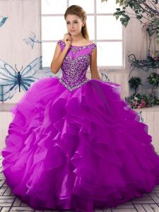 Luxurious Scoop Sleeveless Zipper Quinceanera Dress Purple Organza