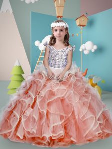 Fantastic Orange Red Zipper Off The Shoulder Beading and Ruffles Little Girls Pageant Gowns Tulle Sleeveless
