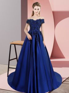 Affordable Off The Shoulder Sleeveless Court Train Zipper Quinceanera Dresses Blue Satin