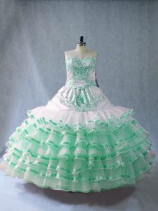Customized Apple Green Sleeveless Embroidery and Ruffled Layers Floor Length Sweet 16 Dresses