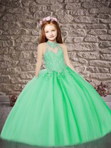 Affordable Green Ball Gowns Appliques Little Girl Pageant Gowns Lace Up Tulle Sleeveless