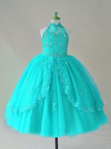 High End High-neck Sleeveless Lace Up Little Girls Pageant Gowns Aqua Blue Tulle