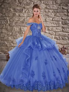 Blue Ball Gowns Tulle Off The Shoulder Sleeveless Beading and Lace Floor Length Lace Up Quinceanera Dresses