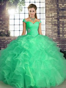 Custom Made Ball Gowns Sweet 16 Quinceanera Dress Turquoise Off The Shoulder Organza Sleeveless Floor Length Lace Up