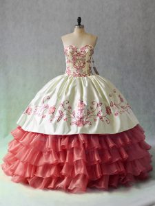 Elegant Satin and Organza Sweetheart Sleeveless Lace Up Embroidery and Ruffled Layers Sweet 16 Quinceanera Dress in Whit