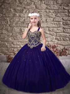 Purple Tulle Lace Up Pageant Gowns For Girls Sleeveless Sweep Train Beading