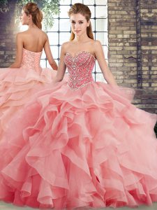 Traditional Watermelon Red Lace Up Quinceanera Gowns Beading and Ruffles Sleeveless Brush Train