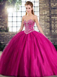 Tulle Sleeveless Ball Gown Prom Dress Brush Train and Beading
