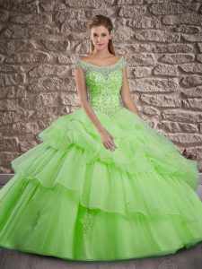 Custom Designed Ball Gowns Off The Shoulder Cap Sleeves Organza Brush Train Lace Up Beading and Pick Ups Quince Ball Gow