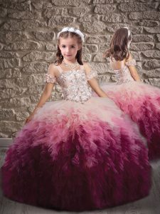 Latest Multi-color Straps Lace Up Beading and Ruffles Little Girls Pageant Dress Wholesale Sweep Train Sleeveless