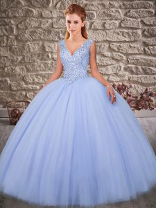 Superior Zipper Quince Ball Gowns Lavender for Military Ball and Sweet 16 and Quinceanera with Beading Brush Train
