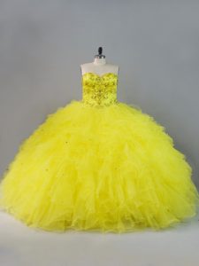 Gorgeous Floor Length Yellow Quinceanera Dress Tulle Sleeveless Beading and Ruffles