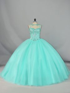 Unique Apple Green Sleeveless Brush Train Beading Ball Gown Prom Dress