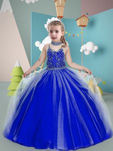 High-neck Sleeveless Child Pageant Dress Floor Length Beading Royal Blue Tulle
