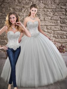 Trendy Grey Two Pieces Sweetheart Sleeveless Tulle Brush Train Lace Up Beading Vestidos de Quinceanera