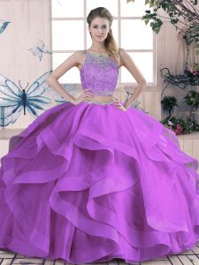 Purple Scoop Lace Up Beading and Lace and Ruffles Vestidos de Quinceanera Sleeveless
