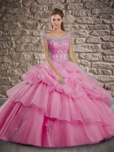 Rose Pink Ball Gowns Beading and Pick Ups Ball Gown Prom Dress Lace Up Organza Cap Sleeves