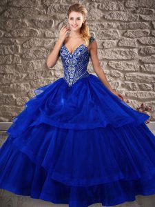 Enchanting Royal Blue 15 Quinceanera Dress V-neck Sleeveless Brush Train Lace Up