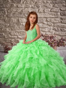 Green Straps Lace Up Beading and Ruffles Pageant Gowns For Girls Sweep Train Sleeveless