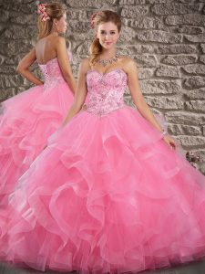 Rose Pink Tulle Lace Up Sweet 16 Dresses Sleeveless Brush Train Beading and Ruffles