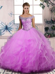 Floor Length Lace Up Sweet 16 Dresses Lilac for Sweet 16 and Quinceanera with Beading and Ruffles
