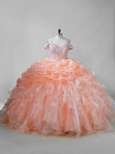 Best Lace Up Quinceanera Dresses Orange and In with Beading and Ruffles and Pick Ups Brush Train