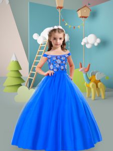High Class Tulle Sleeveless Floor Length Little Girl Pageant Dress and Embroidery