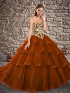 Luxury Brown Lace Up Quince Ball Gowns Embroidery and Ruffled Layers Sleeveless Brush Train