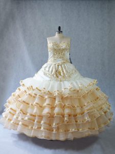 Sumptuous Champagne Sweetheart Neckline Embroidery and Ruffled Layers 15th Birthday Dress Sleeveless Lace Up