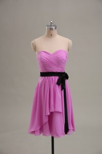 Latest Lilac Chiffon Zipper Prom Dresses Sleeveless Knee Length Ruching