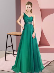 Sleeveless Chiffon Brush Train Criss Cross Prom Dresses in Turquoise with Beading