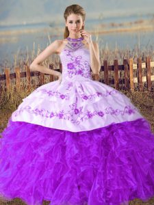 Purple Organza Lace Up Sweet 16 Quinceanera Dress Sleeveless Floor Length Court Train Embroidery and Ruffles