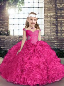 Fuchsia Lace Up Straps Beading Little Girls Pageant Dress Fabric With Rolling Flowers Sleeveless